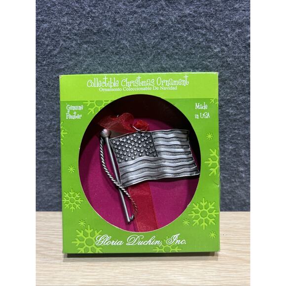 American Flag Christmas Ornament By Gloria Duchin Metal Pewter 2002 Made In USA - Picture 2 of 3